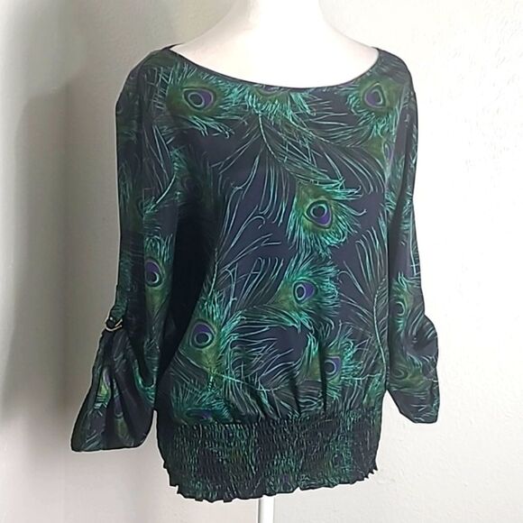 Michael Kors Green Peacock Blouse, Wide Elastic Waistband, Size Large - Picture 2 of 10